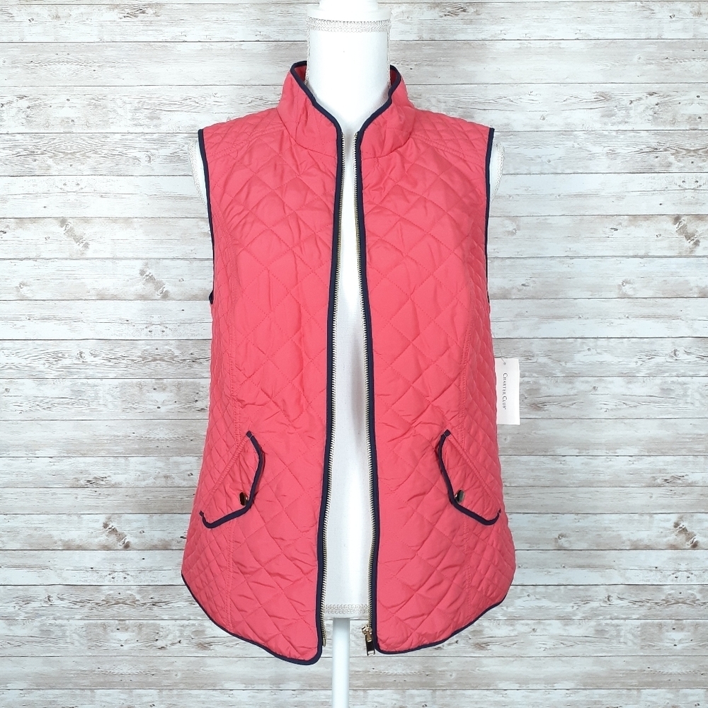 Charter Club Quilted Vest Coral Navy Pockets J - Picture 2 of 8